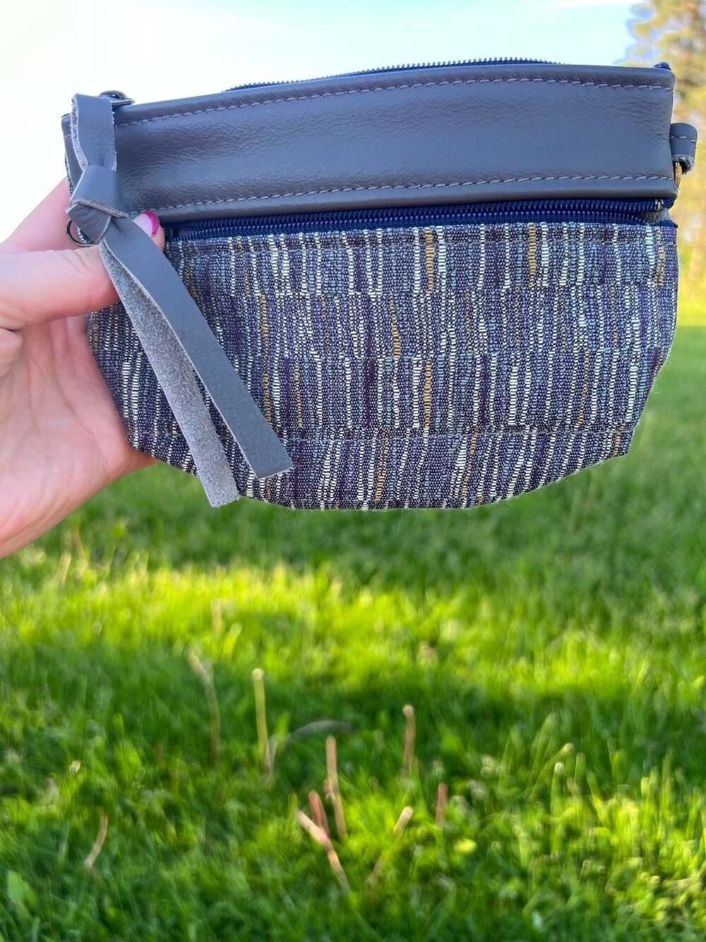 Pat Halpen Handmade Woven Fabric and Leather Zipper Pouch Crossbody Bag